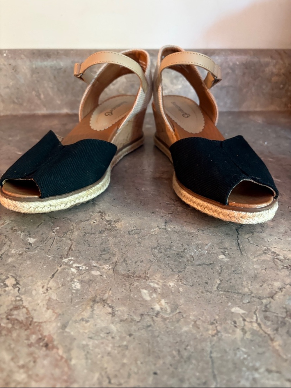 BareTraps Black and Tan Espadrille Wedge Sandals